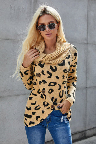 Wrap Turtleneck Sweater - Beige Leopard