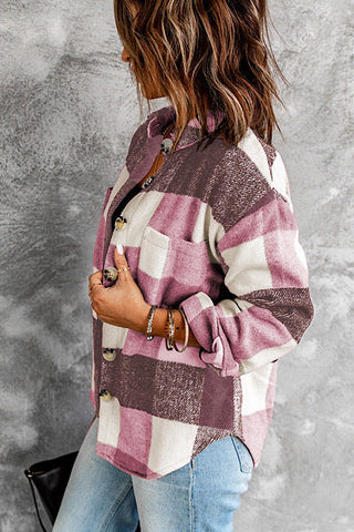 Thick Flannel Buffalo Plaid Shacket with Pockets - Pink