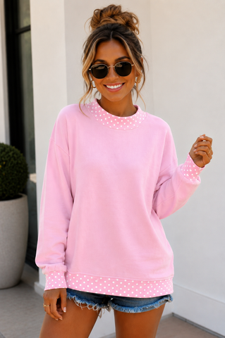 Polka Dot Details Crew Neck Sweatshirt - Pink