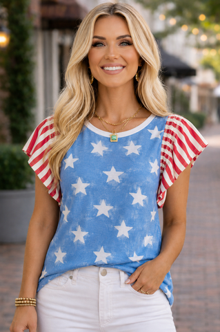 Stars and Stripes Ruffle Sleeve Top