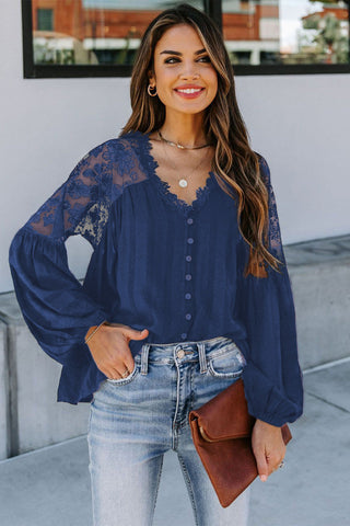 Button Up Lace Top Navy Blue Chic Boutique - Main Image