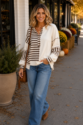 Striped Henley Top - Brown