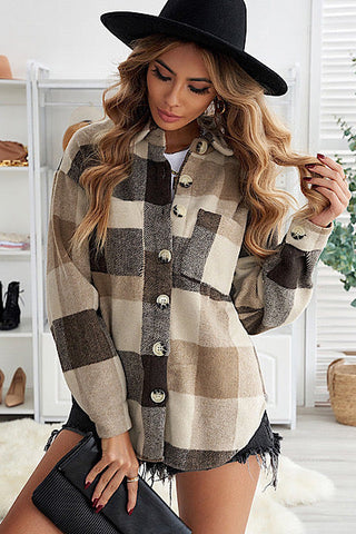 Thick Flannel Buffalo Plaid Shacket with Pockets - Brown