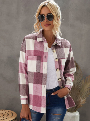 Thick Flannel Buffalo Plaid Shacket with Pockets - Pink