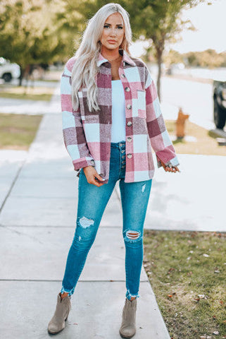 Thick Flannel Buffalo Plaid Shacket with Pockets - Pink