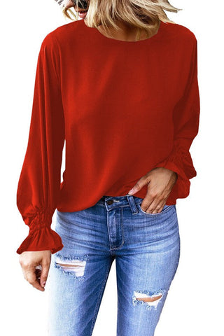 Crew Neck Balloon Sleeve Top - Red