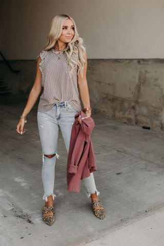 Striped Ruffle Sleeve Top - Gray