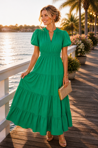 Summer Soirée Solid Dress - Green