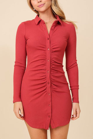 Collared Button Up Dress - Brick
