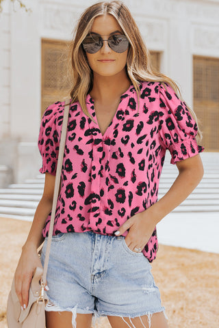 Puff Sleeve Leopard Top - Pink