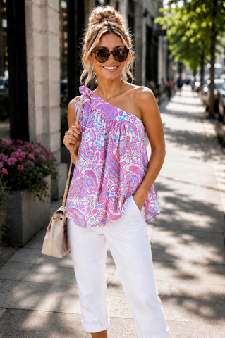 One Shoulder Paisley Top