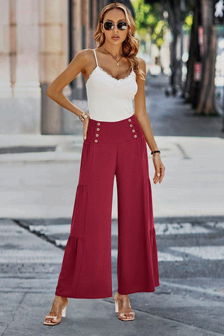 Button Detail Gaucho Pants - Wine