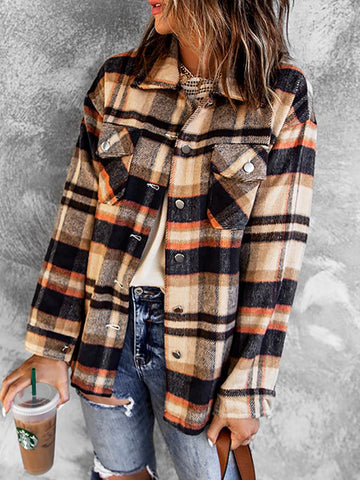 Flannel Plaid Shacket with Pockets - Orange