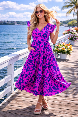 Santorini Sunsets Midi Dress - Purple Floral