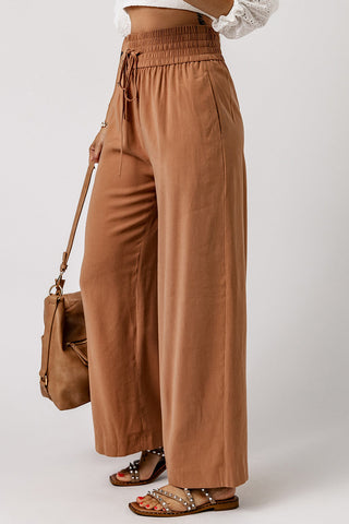 Elastic Waist Wide Leg Pants - Camel