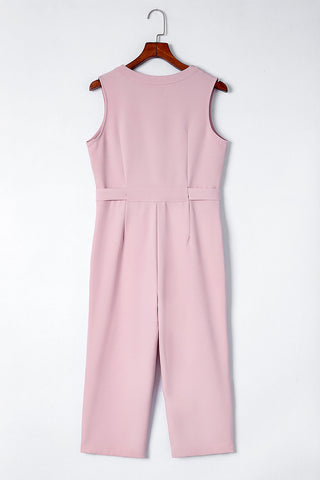 Crop Jumpsuit with Sash - Pink