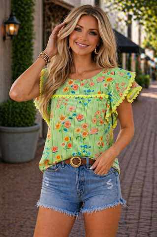 Whimsical Flowers Lime Top
