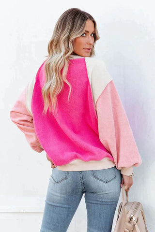 Color Block Fuzzy Sweatshirt - Pink