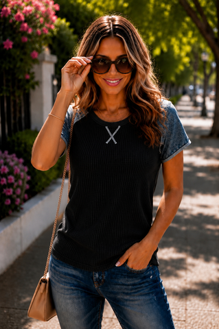 Waffle Weave Contrast Sleeve Top - Black