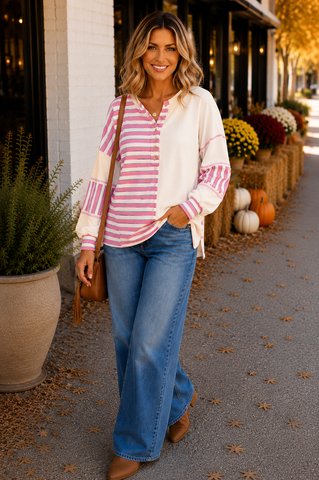 Striped Henley Top - Pink