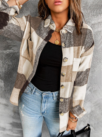 Thick Flannel Buffalo Plaid Shacket with Pockets - Brown