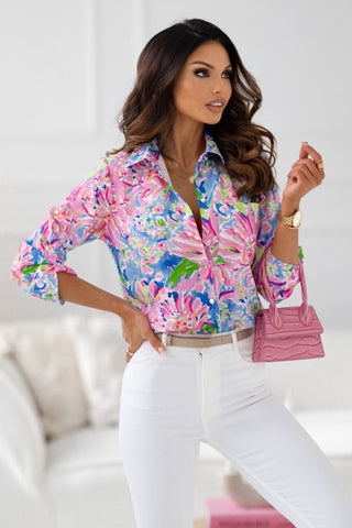 Abstract Floral Button Up Blouse - Pink