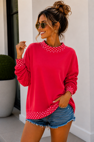 Polka Dot Details Crew Neck Sweatshirt - Red