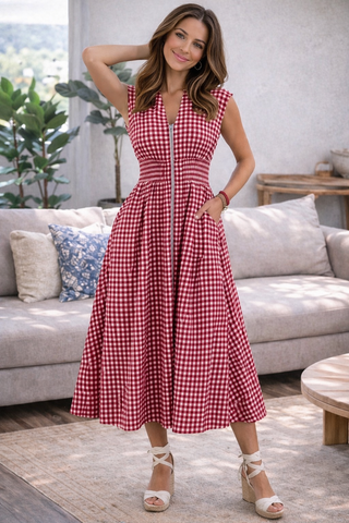 Checkered Cinched Waist Dress - Red