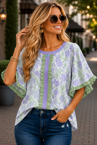 Ruffle Detail Floral Top - Purple and Green