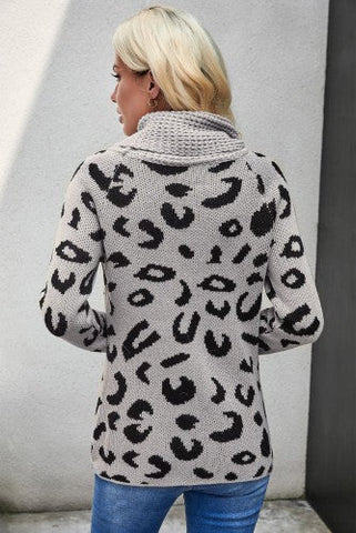 Wrap Turtleneck Sweater - Gray Leopard