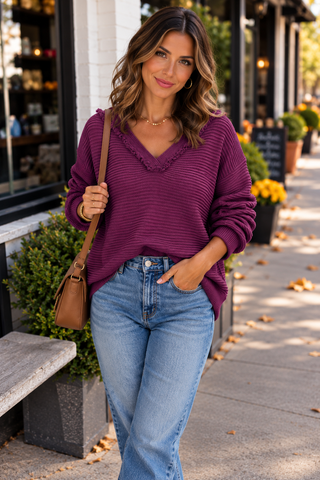V-Neck Sweater Hoodie - Purple
