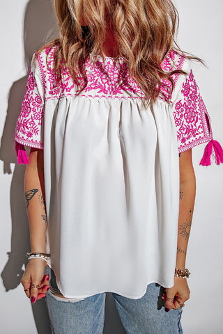 Pink and White Embroidered Top