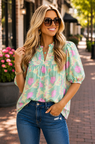 Puff Sleeve Floral Top - Green Pastel
