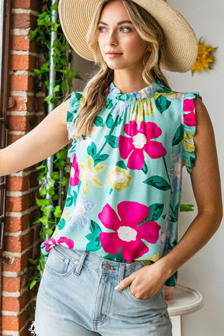 Sleeveless Floral Top - Mint