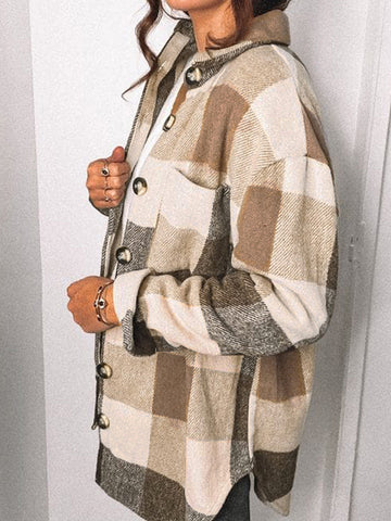 Thick Flannel Buffalo Plaid Shacket with Pockets - Brown
