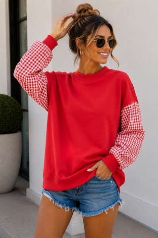 Gingham Crew Neck Sweatshirt - Red