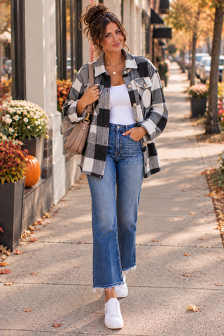 Thick Flannel Buffalo Plaid Shacket with Pockets - Black