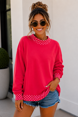 Polka Dot Details Crew Neck Sweatshirt - Red