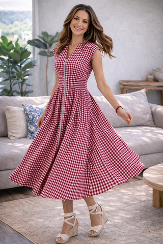 Checkered Cinched Waist Dress - Red