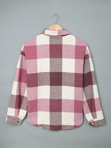 Thick Flannel Buffalo Plaid Shacket with Pockets - Pink