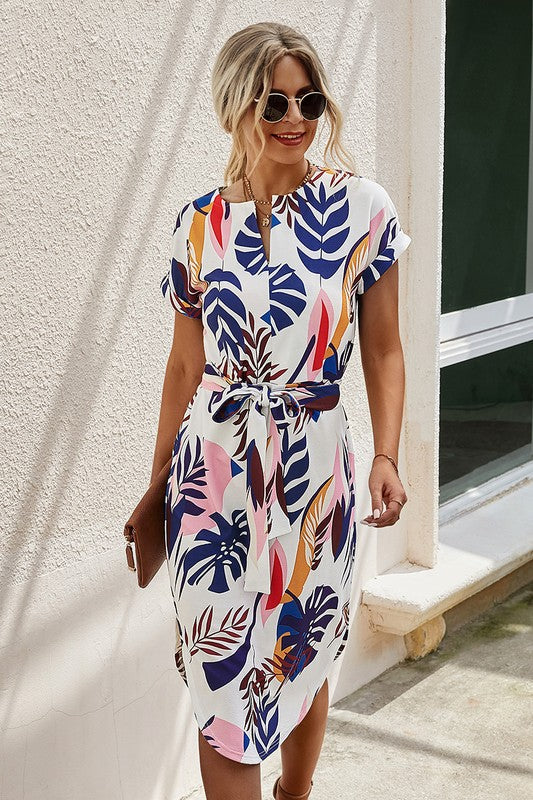 white and blue floral dress midi Blue and White Floral Shoulder Tie Midi Dress