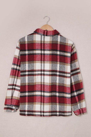 Flannel Plaid Shacket with Pockets - Red