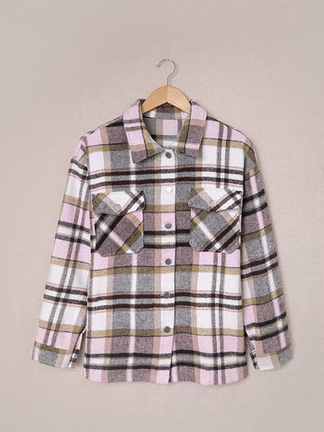 Flannel Plaid Shacket with Pockets - Pink