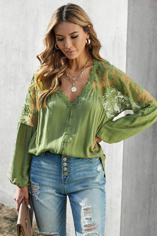 Button Up Lace Top - Green