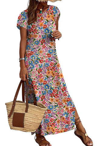 Retro Floral Short Sleeve Maxi Dress