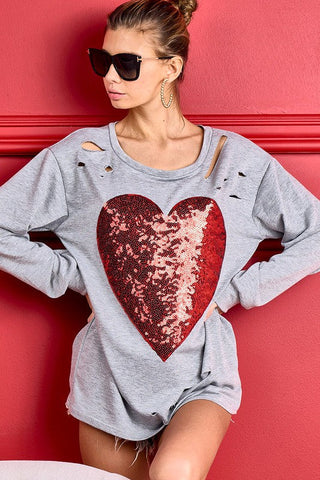 Laser Cut Sequined Heart Top - Gray
