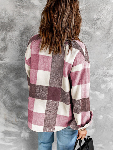 Thick Flannel Buffalo Plaid Shacket with Pockets - Pink