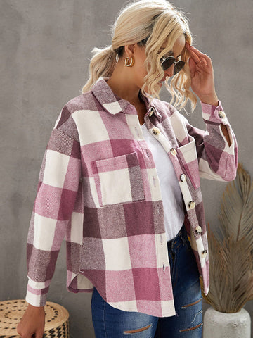 Thick Flannel Buffalo Plaid Shacket with Pockets - Pink