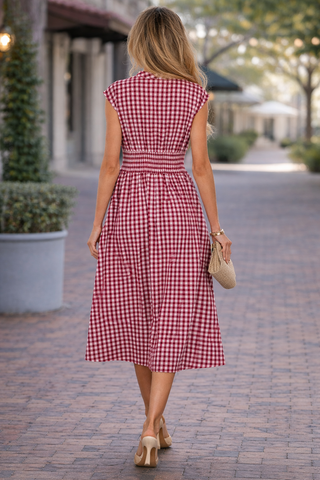 Checkered Cinched Waist Dress - Red