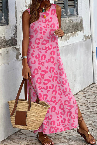 Sleeveless Maxi Dress - Neon Pink Leopard